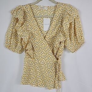 NEW Inmod Los Angeles Women's Folksong Floral Wrap Top in Yellow Size S